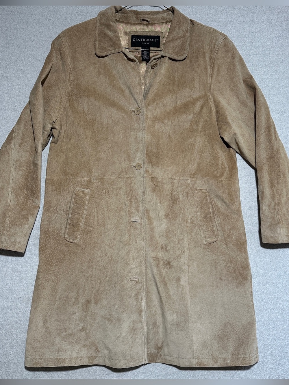 Women's Tan Suede vintage lined Trench Coat XL- Centigrade 100% leather